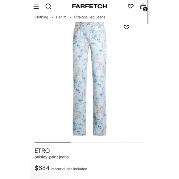 New Women's Etro Straight-Leg Jeans Size 30 Blue Paisley Print - Picture 1 of 5